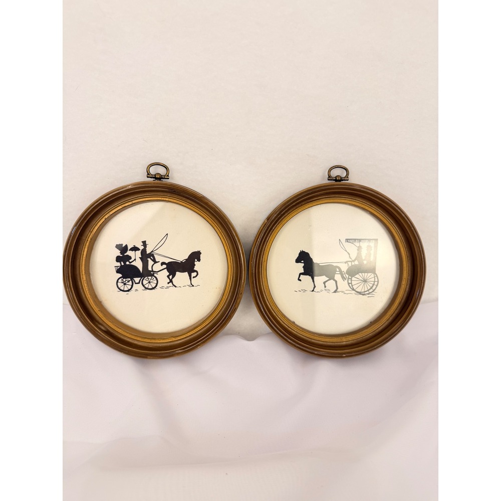 Vintage Silhouette Wall Art Pair Horse Drawn Carriage Gold Round Frames Set of 2